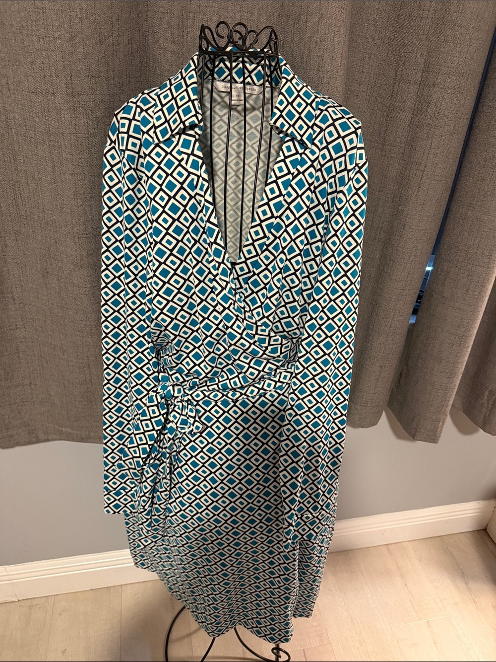 Diane Von Furstenberg Teal, White & Black Geometric Wrap Dress